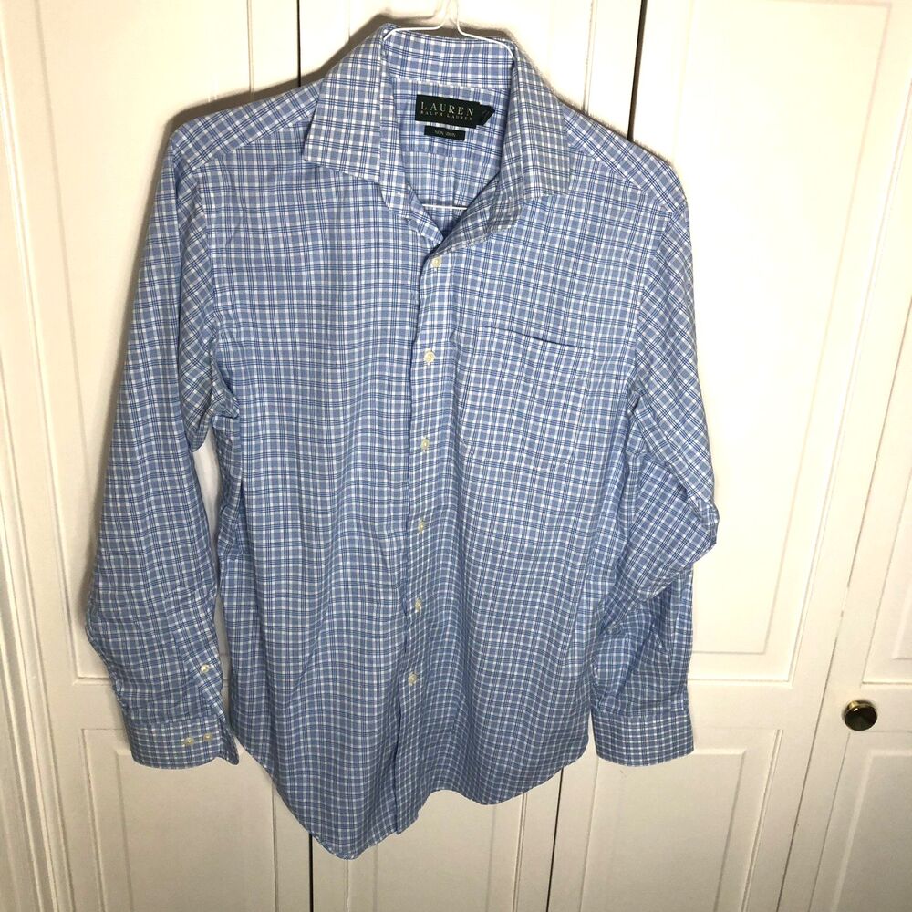 LAUREN Ralph Lauren Blue White Plaid Non-Iron Dress Shirt 15 1/2 32/33 Classic